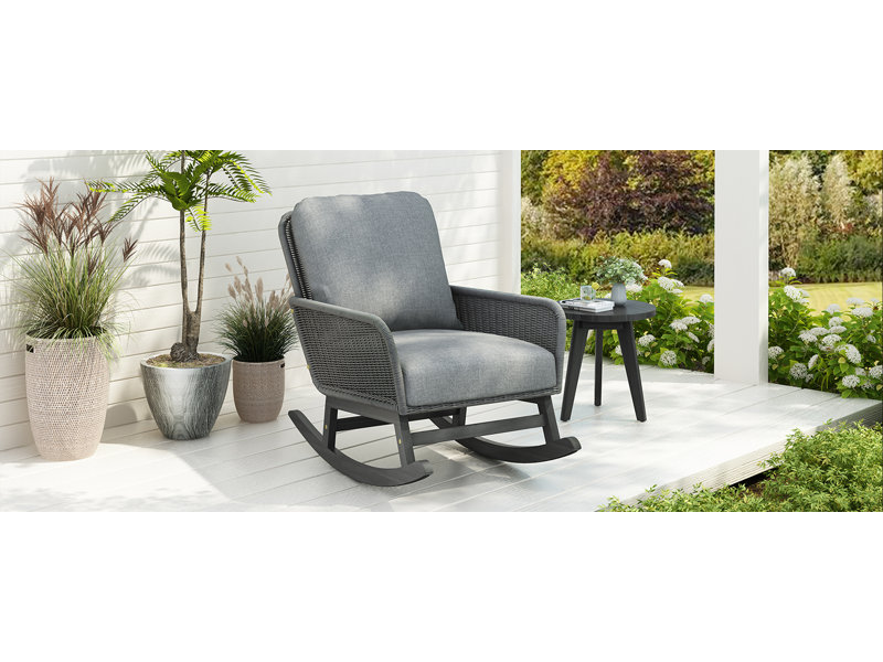 Chaise berçante moderne en osier avec coussins Rashad, Gris, Gris