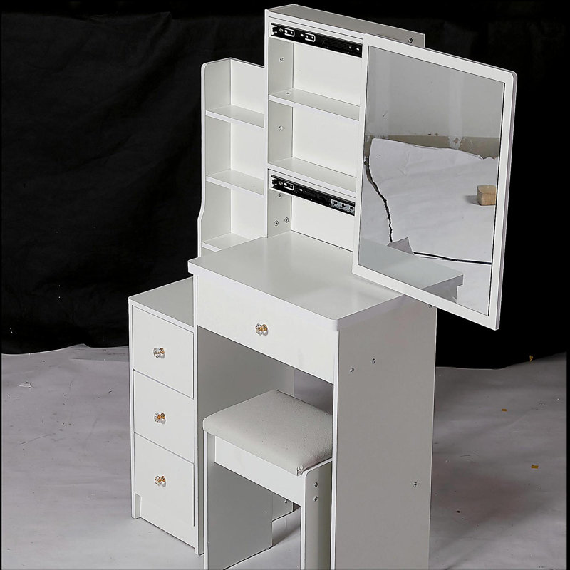 29.2" Small Space Left Bedside Cabinet Vanity Table + Cushioned Stool,Extra Large Right Sliding Mirror,Multi Layer High Capacity Storage,Practical Fashionable Dresser,Suitable for Small Space