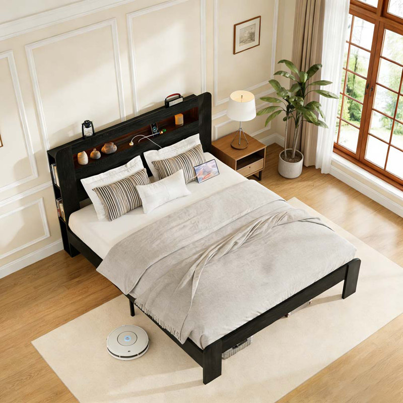 Structure de lit plateforme en bois avec tête de lit à DEL avec rangement et 2 ports USB, Lit double, Noir