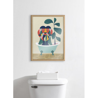 Mid Century Modern Lion in Bathtub by Rachel Lee 3 Birdies Studio Framed Glass Wall Art