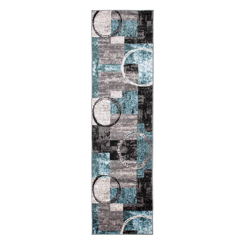 Tapis moderne performance gris, ivoire et bleu à motif abstrait Fanton, Tapis de couloir 2 pi 7 po x 12 pi, Bleu/gris