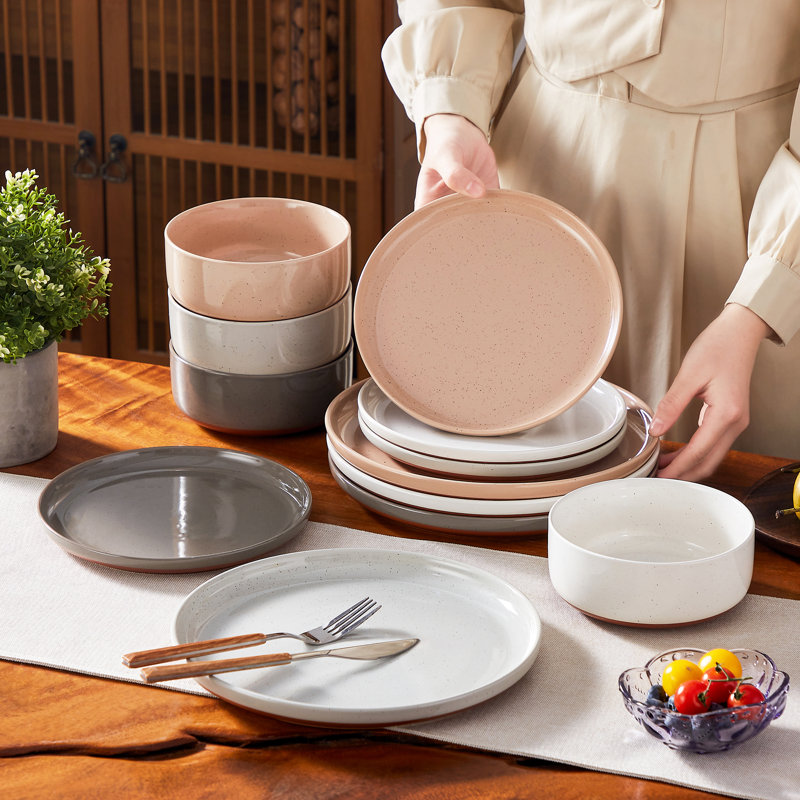 24 Pcs Ceramic Dinnerware Set, Plate And Bowls With Non Slip Base, Specks, Multicolor Set, Brown, Dinner Plates, Dessert Plates And Bowls For 8 Person, Vertical Edge