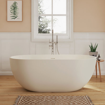 59" Stone Resin Freestanding Bathtub, Contemporary Oval Stand Alone Soaking Tubs, Solid Surface Bathtub with Drain & Overflow