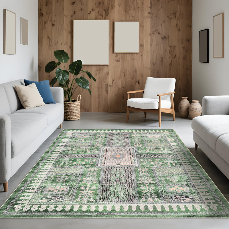 Vintage Washable Area Rug 8x10 Floral Accent Rug Low Pile Foldable Mat for Bedroom Living Room Green, Rectangle 8' x 10'