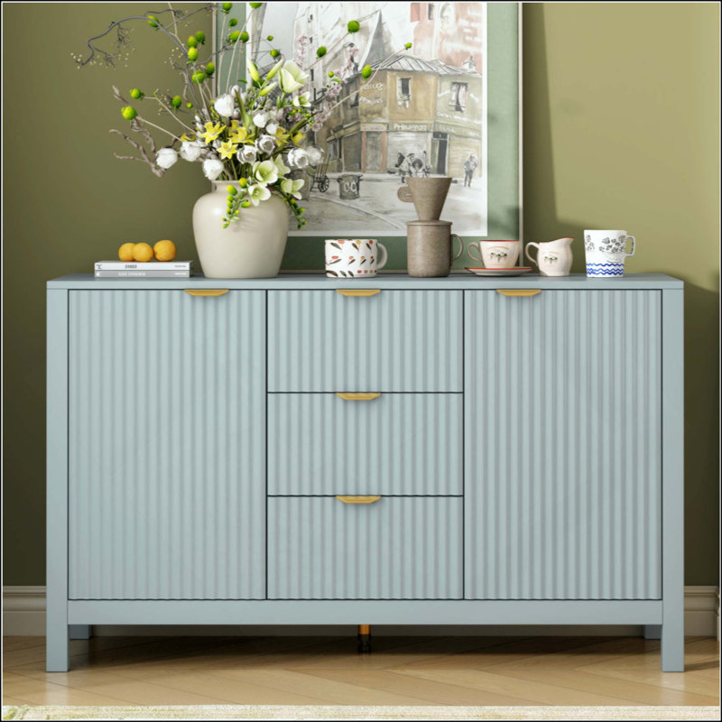 Sideboard With Wave Design - 3 Adjustable Shelves, 3 Drawers & Soft-Close Doors, Storage Console Table With Metal Handles, Suitable For Study, Hallway And Living Room