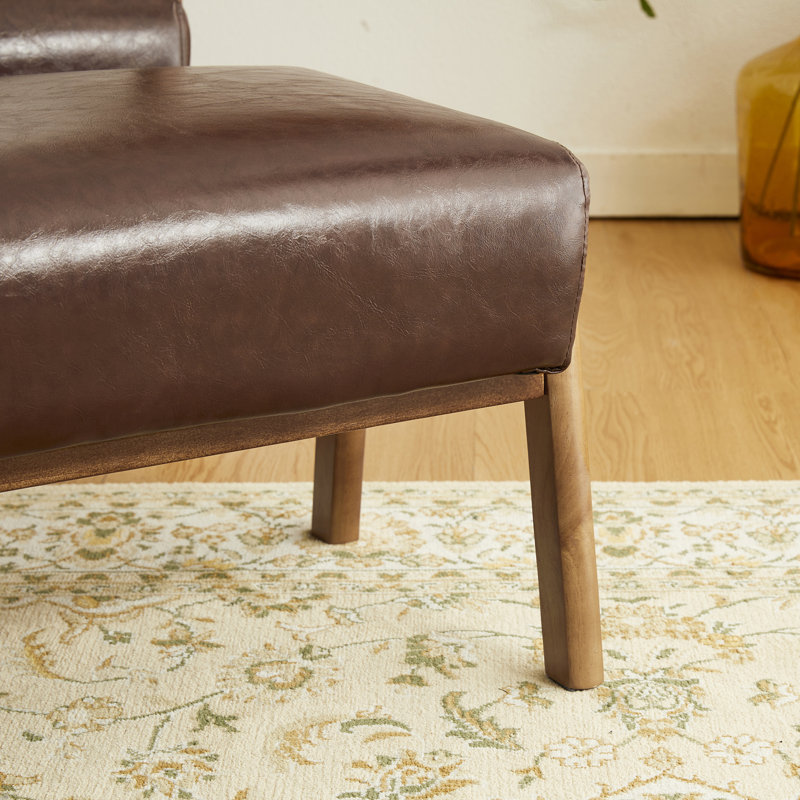 Mid-Century Modern Leatherette Accent Stool And Chair With Walnut Rubberwood Legs, Dark Brown