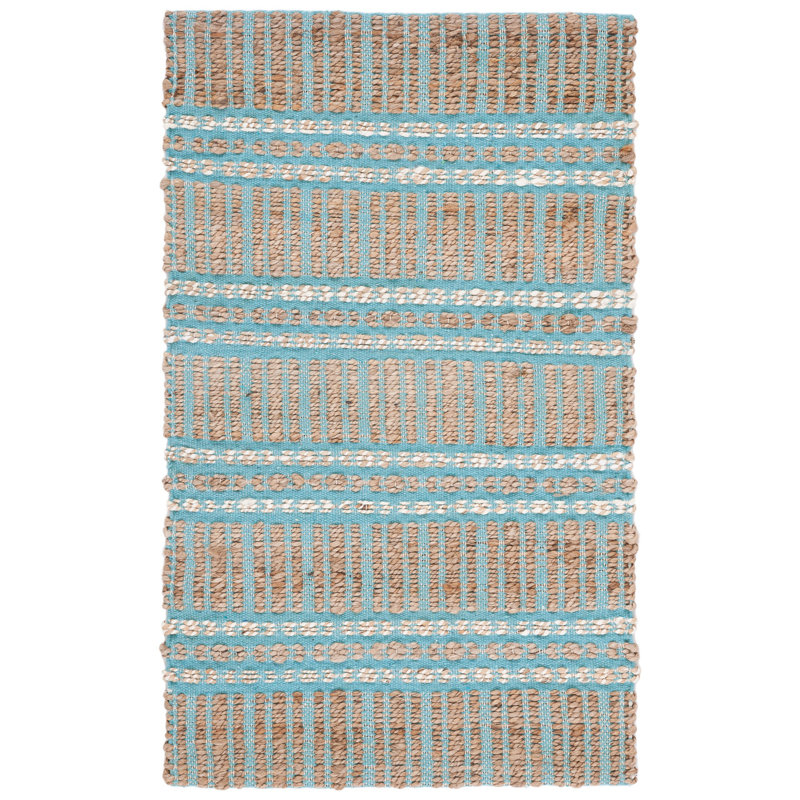 Sekani Natural Fiber Flat Weave Jute/Cotton Striped Rug in Teal/Natural, Rectangle 3' x 5'