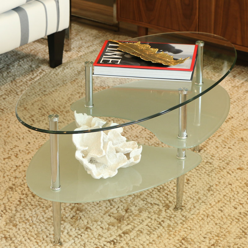 Table basse moderne en verre avec tablette de rangement, pieds en métal chromé, table de salon ovale en verre trempé à 2 niveaux