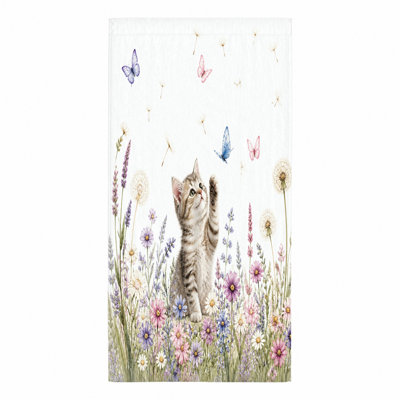 1 pièce Mignon chaton jouant avec des papillons, serviette de plage en microfibre à motif floral aquarelle, séchage rapide pour piscine, voyage et camping, unisexe