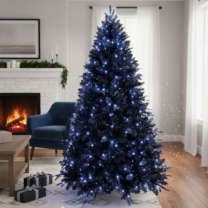 Arbre de Noël artificiel noir avec lumières DEL blanches - spectacle de fêtes célestes, H 6 pi