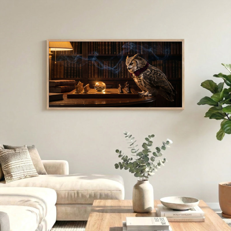Ensemble de 1 tableau sur toile « Hibou et échecs », L 40 po x H 20 po, Naturel