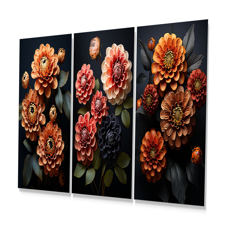 Zinnias Emerge From The Shadows - Zinnias Metal Wall Art Living Room Set Of 3, 28" H x 36" W