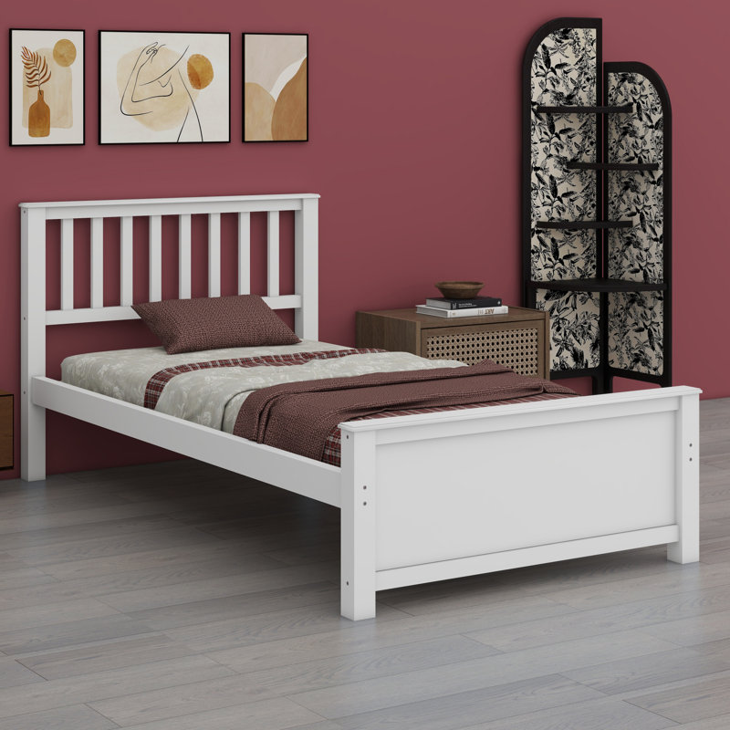 Lit plateforme en bois avec tête de lit, pied de lit et lattes en bois, White