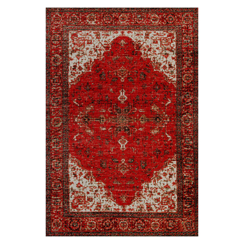 Guria Red/Beige Oriental Vintage Look Machine Printed Cotton Chenille Area Rug, Runner 2'8" x 9'11"