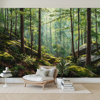 Papier peint adhésif auto-adhésif moderne l 144 po x H 100 po pour chambre à coucher Arbre de forêt Paysage de montagne Branches de feuilles du soleil