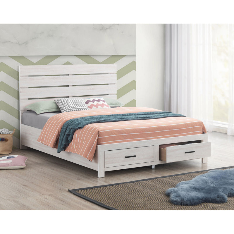 Très grand lit côtier blanc avec tête de lit à lattes, rangement, apparence de bois d'ingénierie, panneau de taille d'apparence de chambre à coucher avec finition, caractéristique du meuble