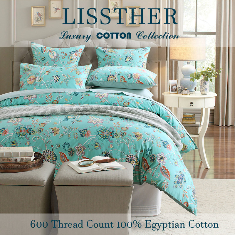  800TC 100% Egyptian Cotton Duvet Cover Set，3pcs Vintage Cyan Paisley Floral Bedding Set, Breathable And Skin-friendly, Aesthetic Botanical Pattern for Bedroom Guest Room All Seasons