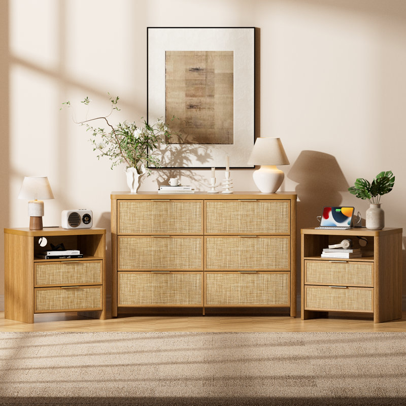 Ensembles de chambre à coucher en rotin, commode à 6 tiroirs et tables de chevet à 2 tiroirs, commode moderne de 47,2 po de largeur et conception à bord arrondi pour chambre à coucher, table de chevet avec USB et station de recharge de type C et prises, chêne naturel