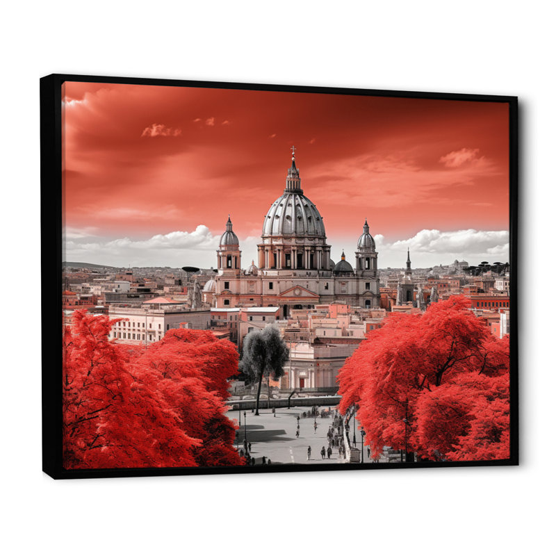 Paysage urbain monochrome rouge de Rome, Cadre flottant noir, H 16 po x l 32 po x P 1 po