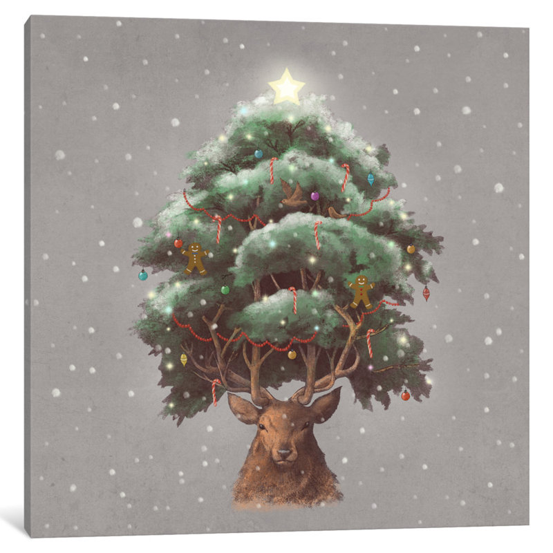«Reindeer Tree», art sur toile, H 26 po x l 18 po x P 1,5 po, Pas de tapis, Toile tendue