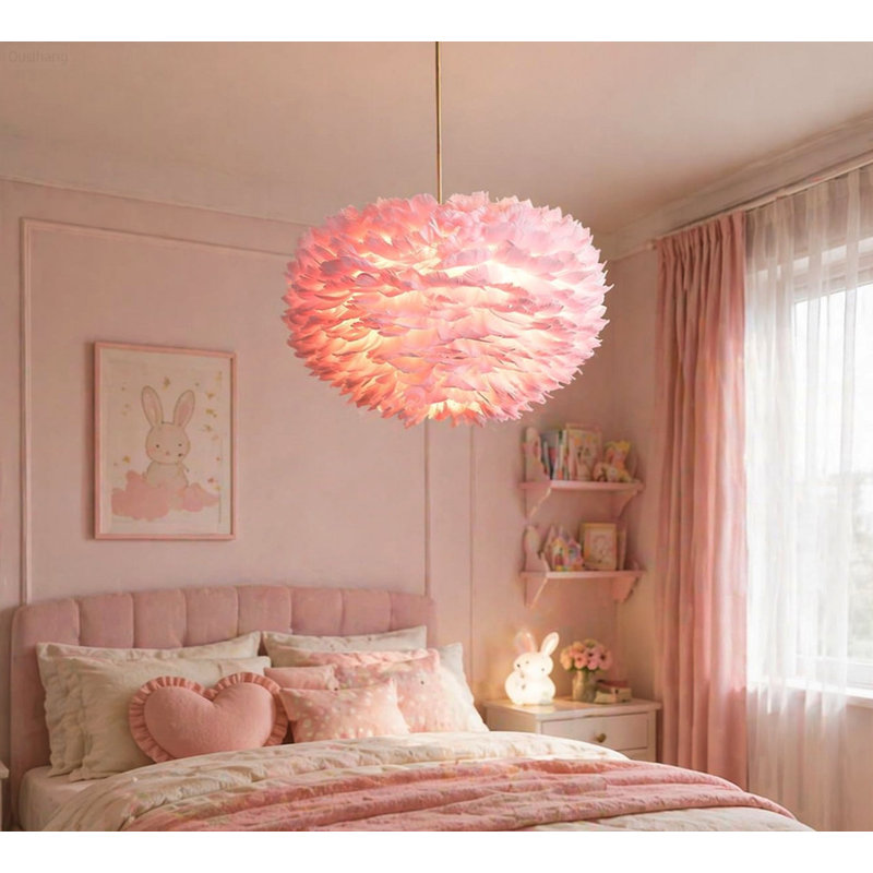 Lustre suspendu moderne et glamour à 3 lumières avec abat-jour en plumes d'oie superposées et hauteur de suspension réglable, rose