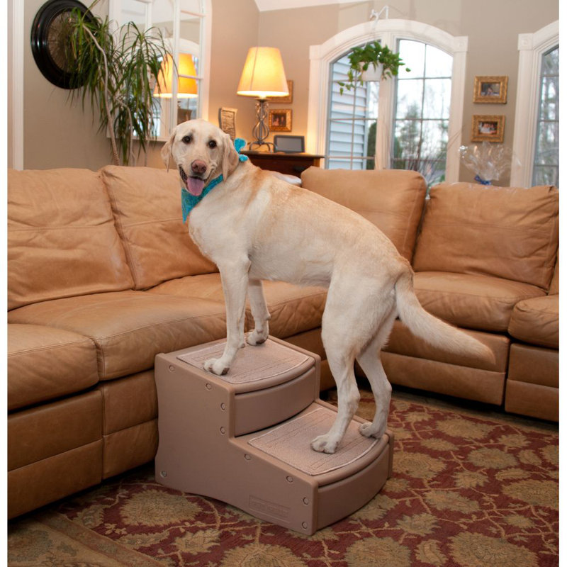 Tan Extra Wide 2-Step Pet Stairs with Carpet Tread