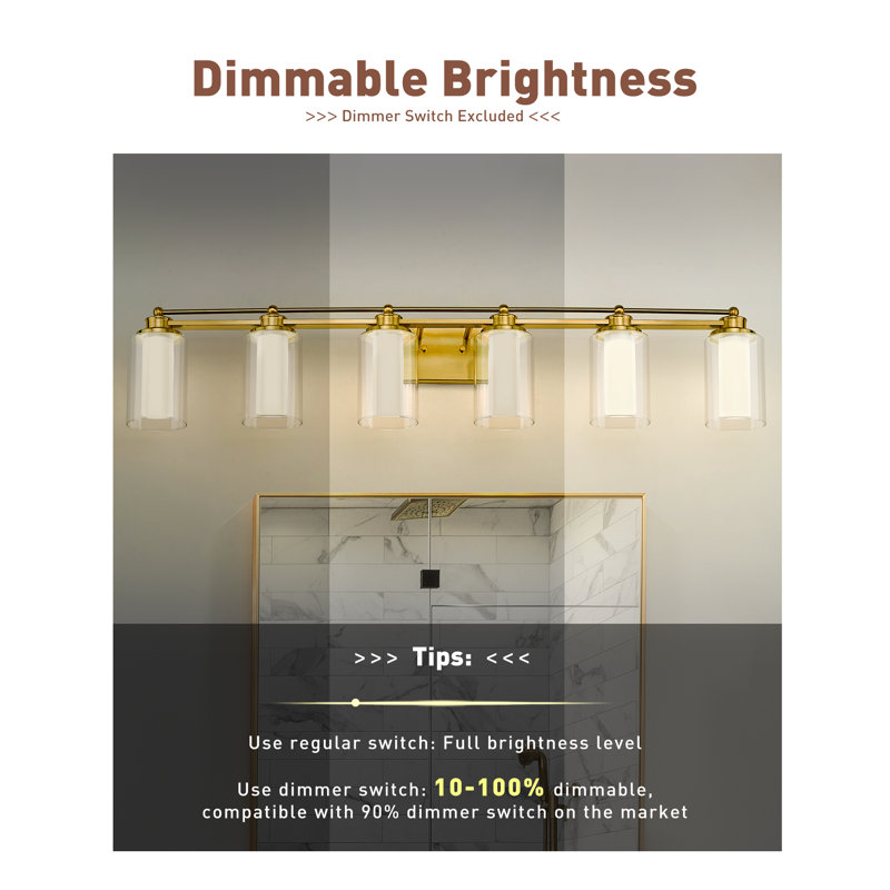 Éclairage pour meuble-lavabo moderne à 6 lumières DEL à intensité variable, 5 couleurs de température réglable, or brossé