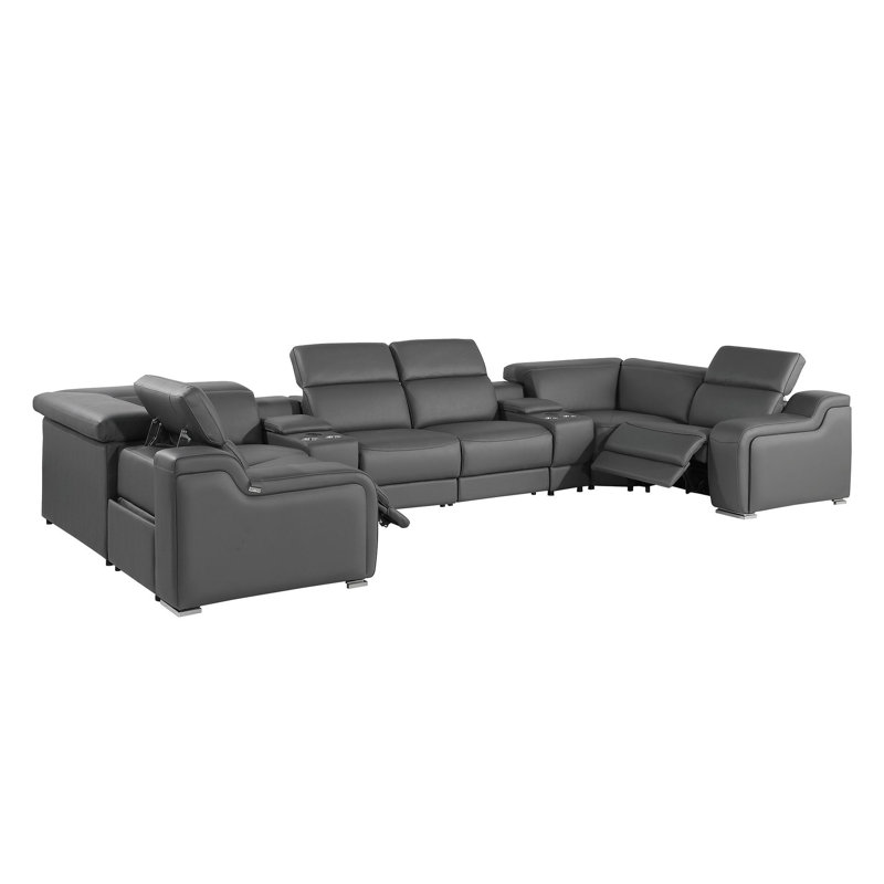 Canapé modulaire en forme de U inclinable en cuir italien foncé foncé avec console