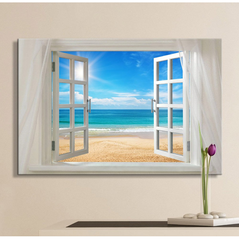 «Serene Coastal Clear Sea And Beach Open Window Modern Wall Home Decor» sur, H 24 po x l 36 po