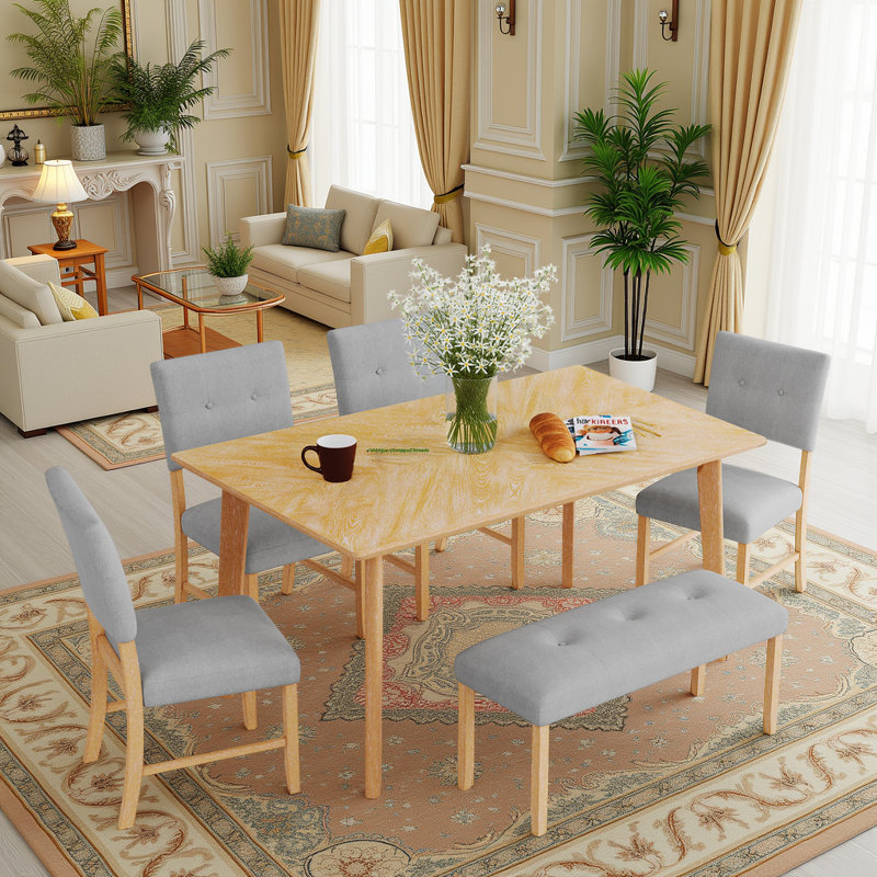 Ensemble de salle à manger 6 pièces Rustic Farmhouse - Table en bois naturel, 4 chaises et banc, Brun / gris clair / brun