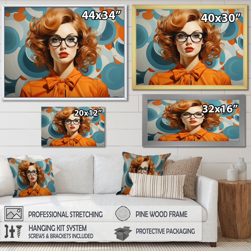 «Orange Mid Century Retro Portraits IV», reproduction sur toile, H 34 po x l 44 po x P 1,5 po, Cadre simple noir