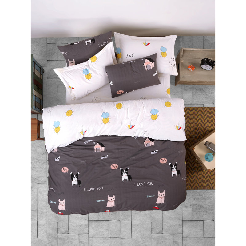 Ensemble de housse de couette 100% coton double Ranforce, anthracite et blanc / noir, 78,7 po x 78,7 po | Impression de pigments, 142 fils | Comprend 2 taies d'oreiller (31,5 po x 31,5 po), lavable à la machine, conception élégante et confortable