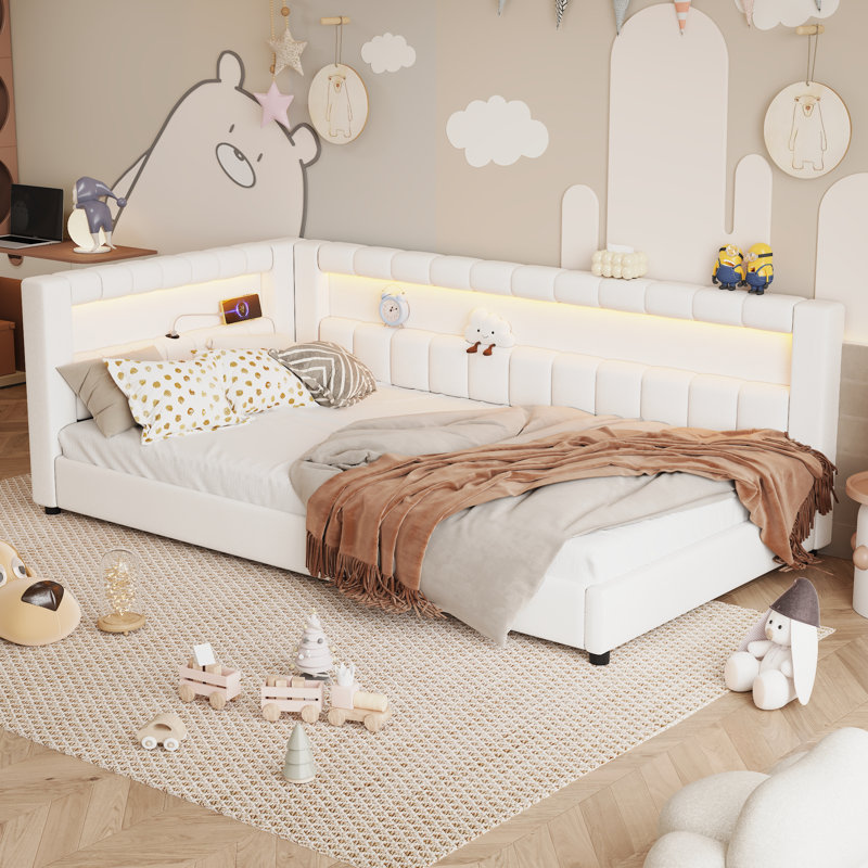 Lit plateforme simple tapissier XL avec ports USB et bande lumineuse à DEL, chambre à coucher moderne, blanc, Blanc