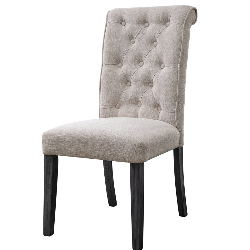 Chaise rembourrée en lin beige et gris (2) - dossier à boutons, coussin épais, sans accoudoirs, bois synthétique, capacité de 220 lb, paire de coussins légèrement rembourrés de mousse, base en bois, 220 lb