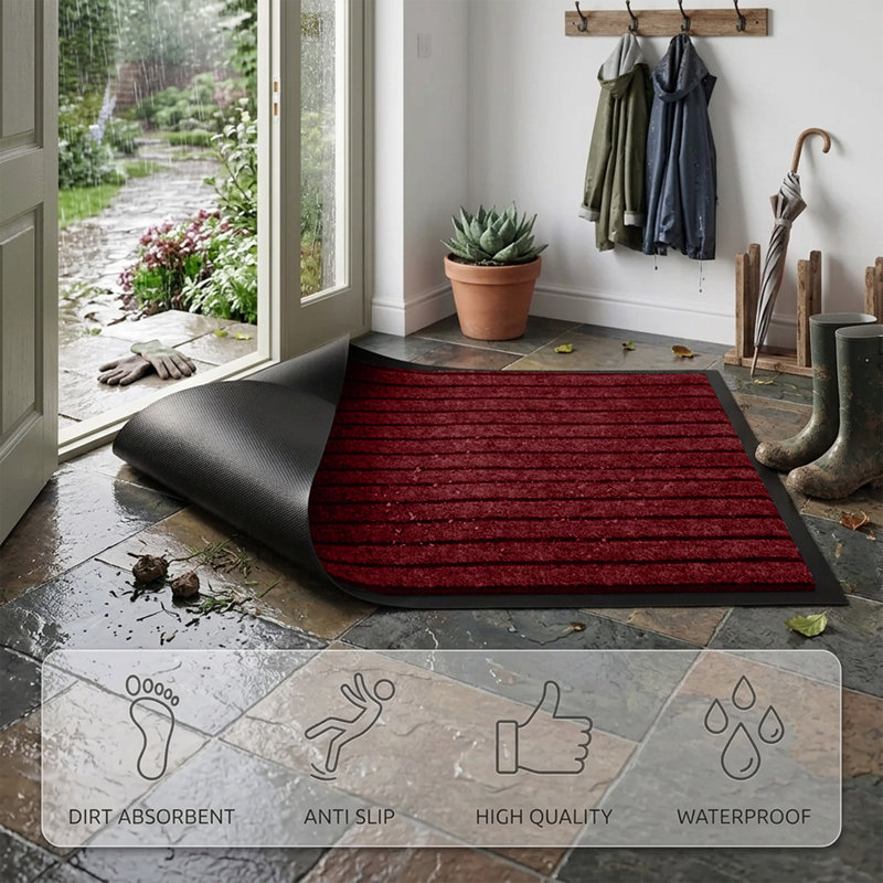 NON-SLIP RUBBER DOOR MAT - INDOOR/OUTDOOR USE, Burgundy, 60cm W x 90cm L