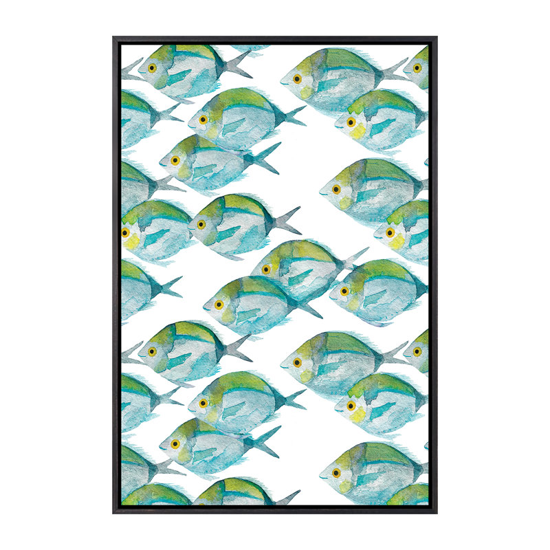 Motif de poissons - imprimé, Pas de tapis, H 60 po x l 40po x P 1,5 po, Toile avec cadre noire patinée