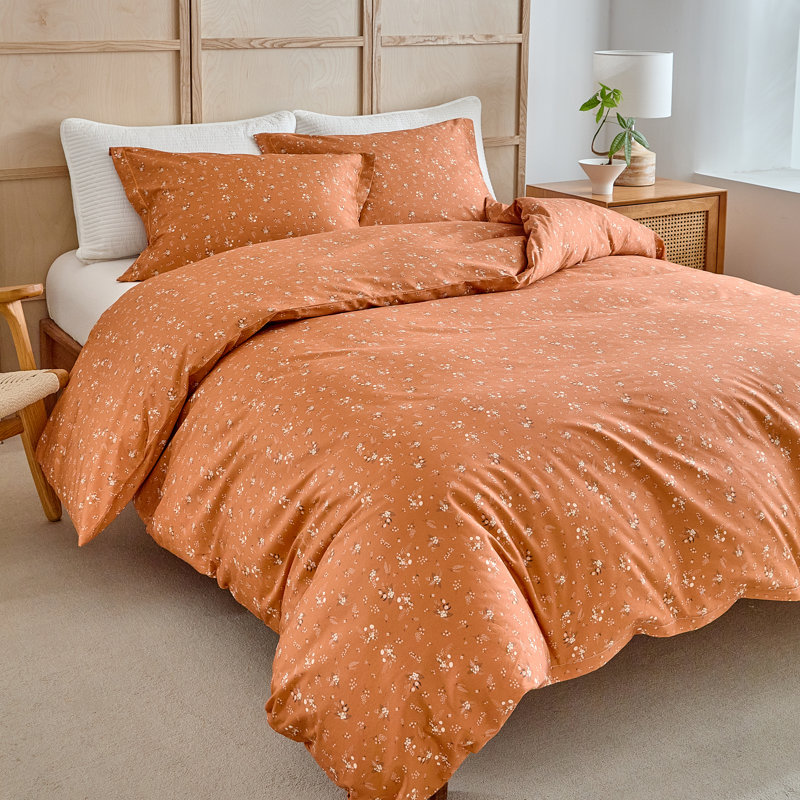 Ensemble de housse de couette en coton 3 pièces Vintage Floral Print, Floral orange