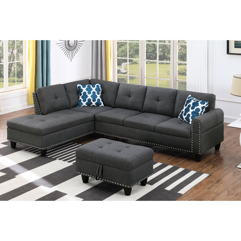 Rivet - 3 pièces en forme de L pour les soirées de divertissement, pouvant accueillir quatre personnes, siège central escamotable avec deux porte-gobelets, coussins décoratifs et rangement intérieur assorti, structure en bois massif et en bois d'ing?