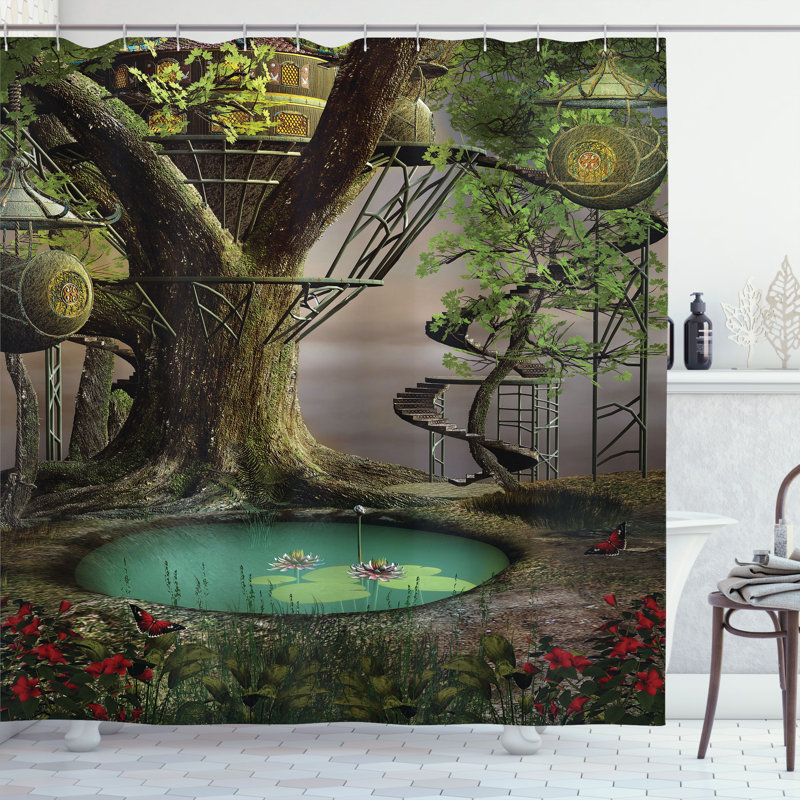 East Urban Home Tree Shower Curtain Enchanted Tree Fort Pond, 70"H x 69"W