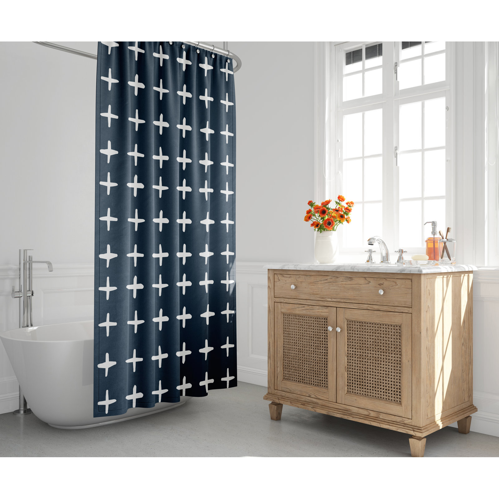Polyester Shower Curtain, Navy Blue/White
