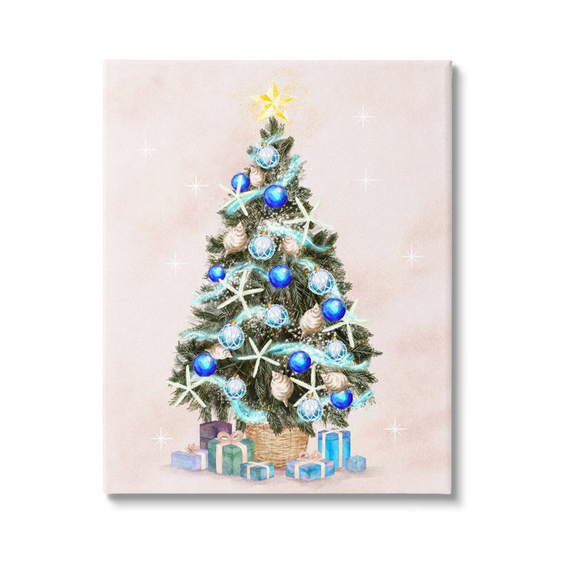 Ornements d'arbre de Noël bleus scintillants et cadeaux, art numérique sur estampe numérique par Ziwei Li, Toile tendue