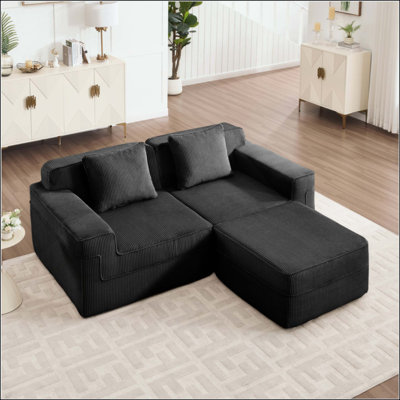 Canapé modulaire modulaire en L à 2 places sans os, canapé modulaire Cloud avec assise profonde, canapé modulaire moderne à 2 places avec coussins décoratifs et 1 repose-pieds mobile, tissu en velours côtelé
