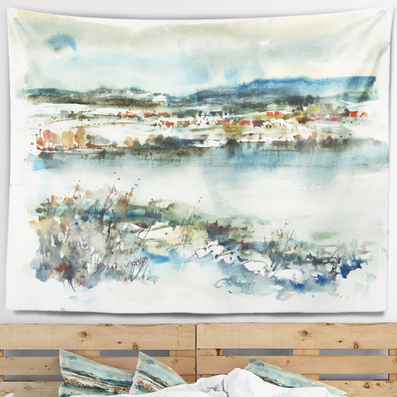Tapisserie aquarelle paysage bleu d'hiver, H 32 po x l 39 po