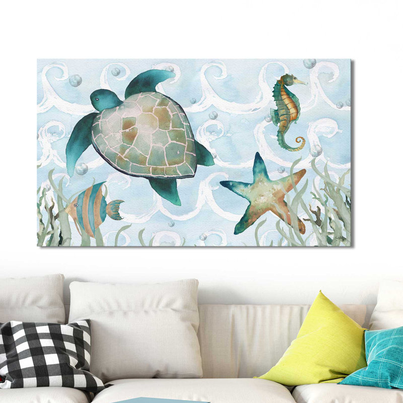 «Watercolor Sea Creatures Panel (Blue)», reproduction d'art à l'aquarelle, H 36 po x l 60 po x P 1,5 po, Toile tendue