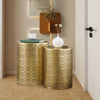 Set Of 2 Hollow-Carved Round Metal End Tables