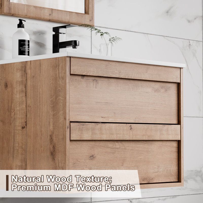 Jadaya Sharee 36" Wall Mounted Bathroom Vanity Set with Sink Top, Faucet, Floating Cabinet, EPA Certified, Oak