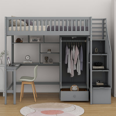 Kaizen Twin Size Loft Bed With Bookshelf,Drawers,Desk,And Wardrobe by Harriet Bee