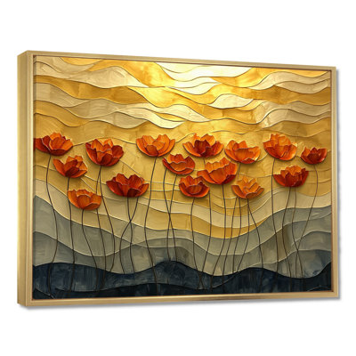 Coucher de soleil sur les vagues du champ de coquelicots I - coquelicots, art mural