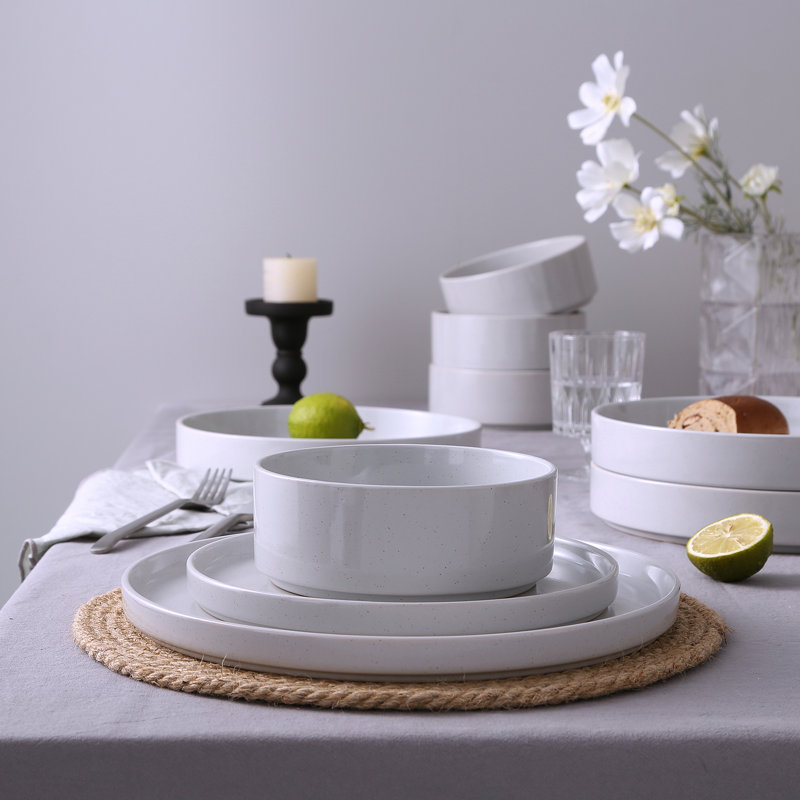 Ensemble de vaisselle 18 pièces en grès, assiettes et bols mouchetés, assiettes et bols résistants aux rayures pour 6 personnes