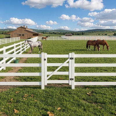300FT Vinyl Ranch Fence Kit, 4-Rail White PVC Fence System with 5ft H x 4ft W Gate, 7ft Posts & 8ft Rails, UV-Resistant, Easy Installation, Durable Outdoor Fencing for Ranch, Yard & Farm
